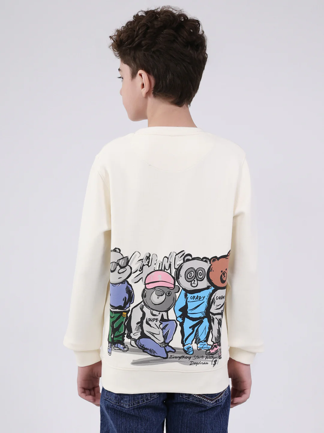 Boys Off White Printed Round Neck Full Sleeve Sweatshirt - Image 5