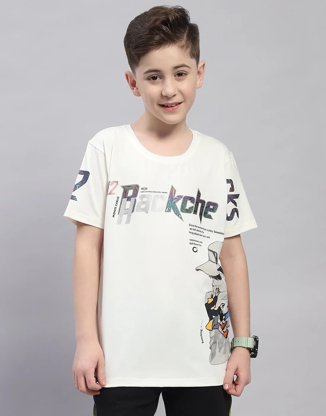 Boys Off White Printed Round Neck Half Sleeve T-Shirt - Image 2
