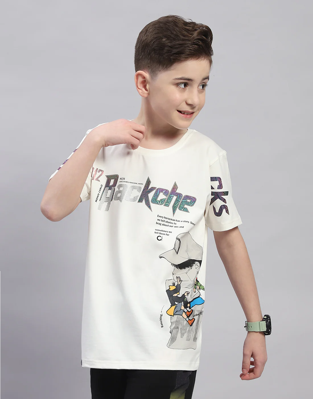 Boys Off White Printed Round Neck Half Sleeve T-Shirt - Image 3