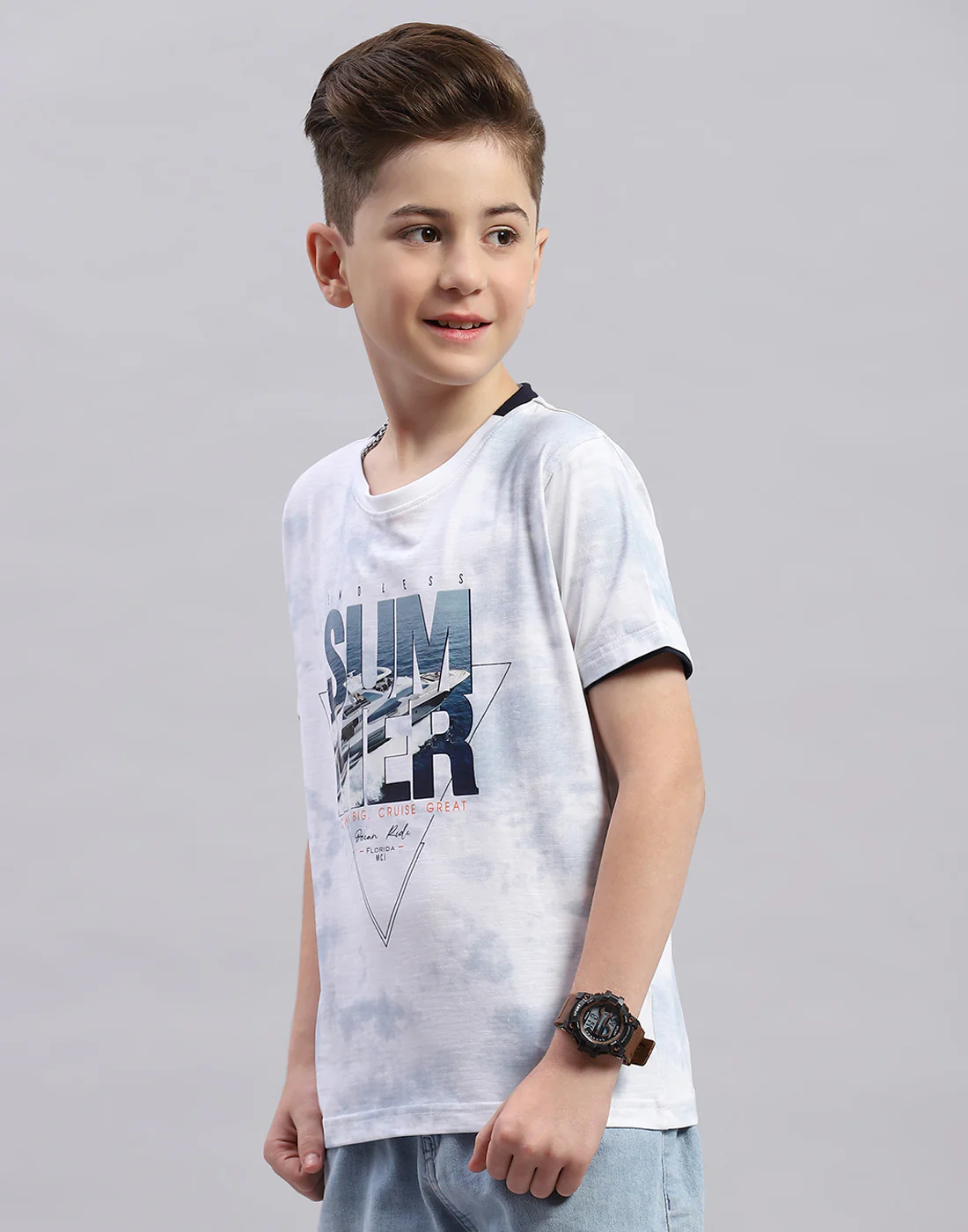 Boys Off White Printed Round Neck Half Sleeve T-Shirt - Image 3