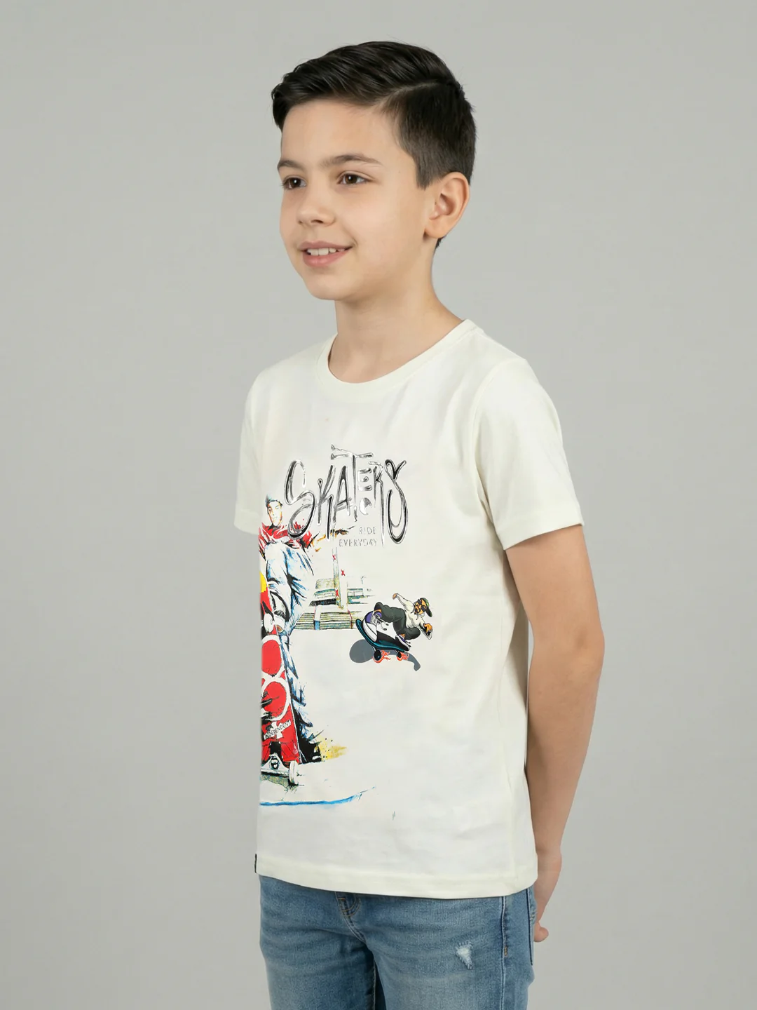 Boys Off White Printed Round Neck Half Sleeve T-Shirt - Image 3