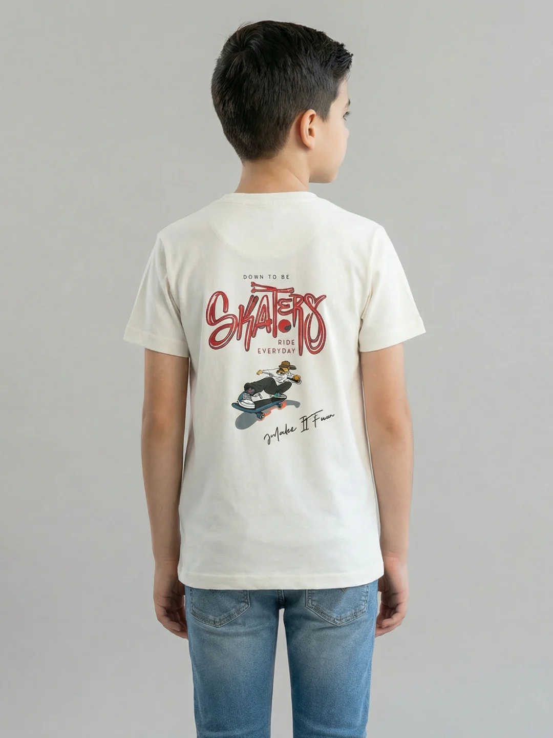 Boys Off White Printed Round Neck Half Sleeve T-Shirt - Image 4