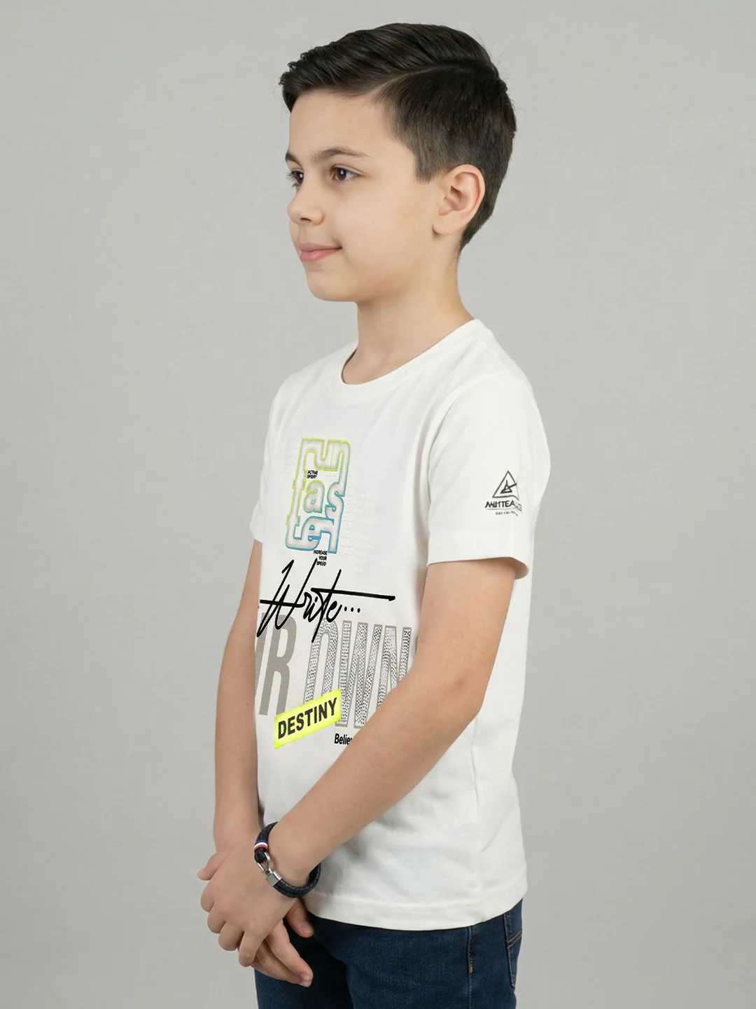 Boys Off White Printed Round Neck Half Sleeve T-Shirt - Image 3