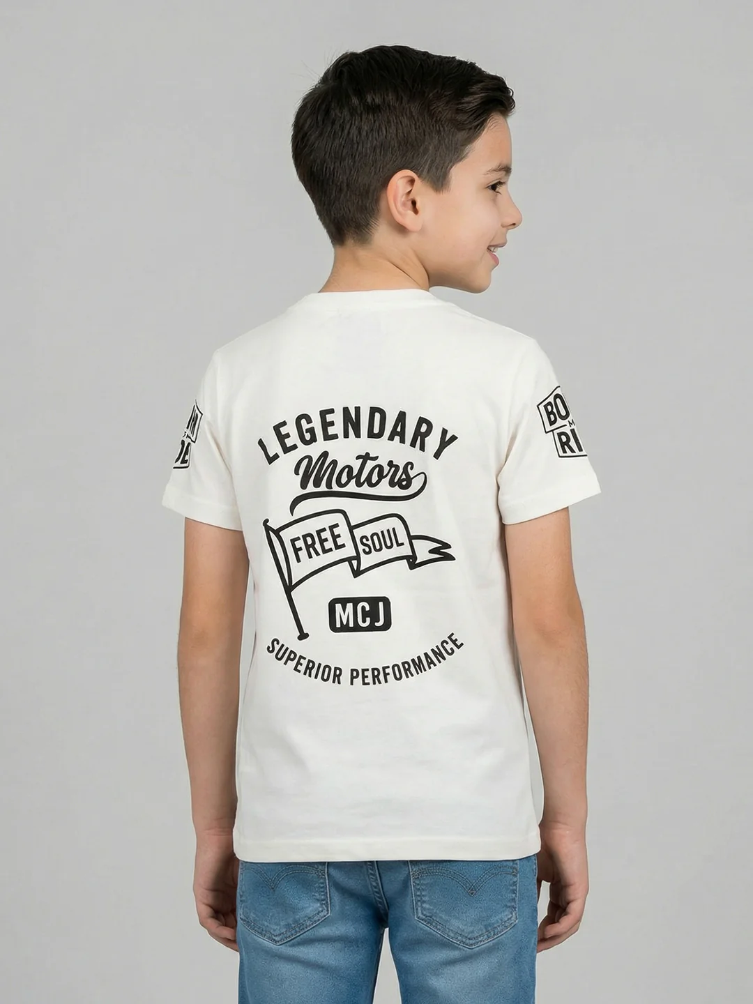 Boys Off White Printed Round Neck Half Sleeve T-Shirt - Image 3