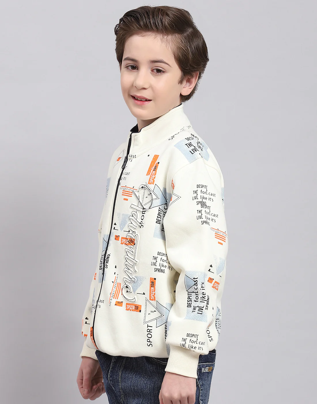 Boys Off White Printed Stand Collar Full Sleeve Sweatshirt - Image 3