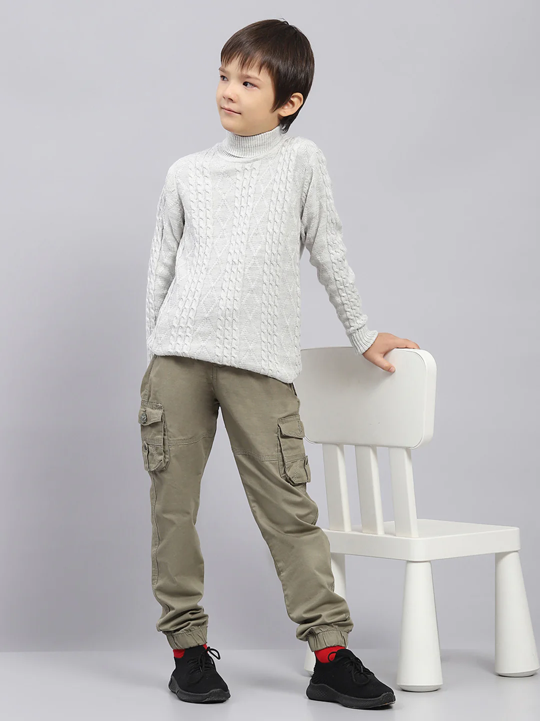 Boys Off White Self Design High Neck Full Sleeve Pullover - Image 2