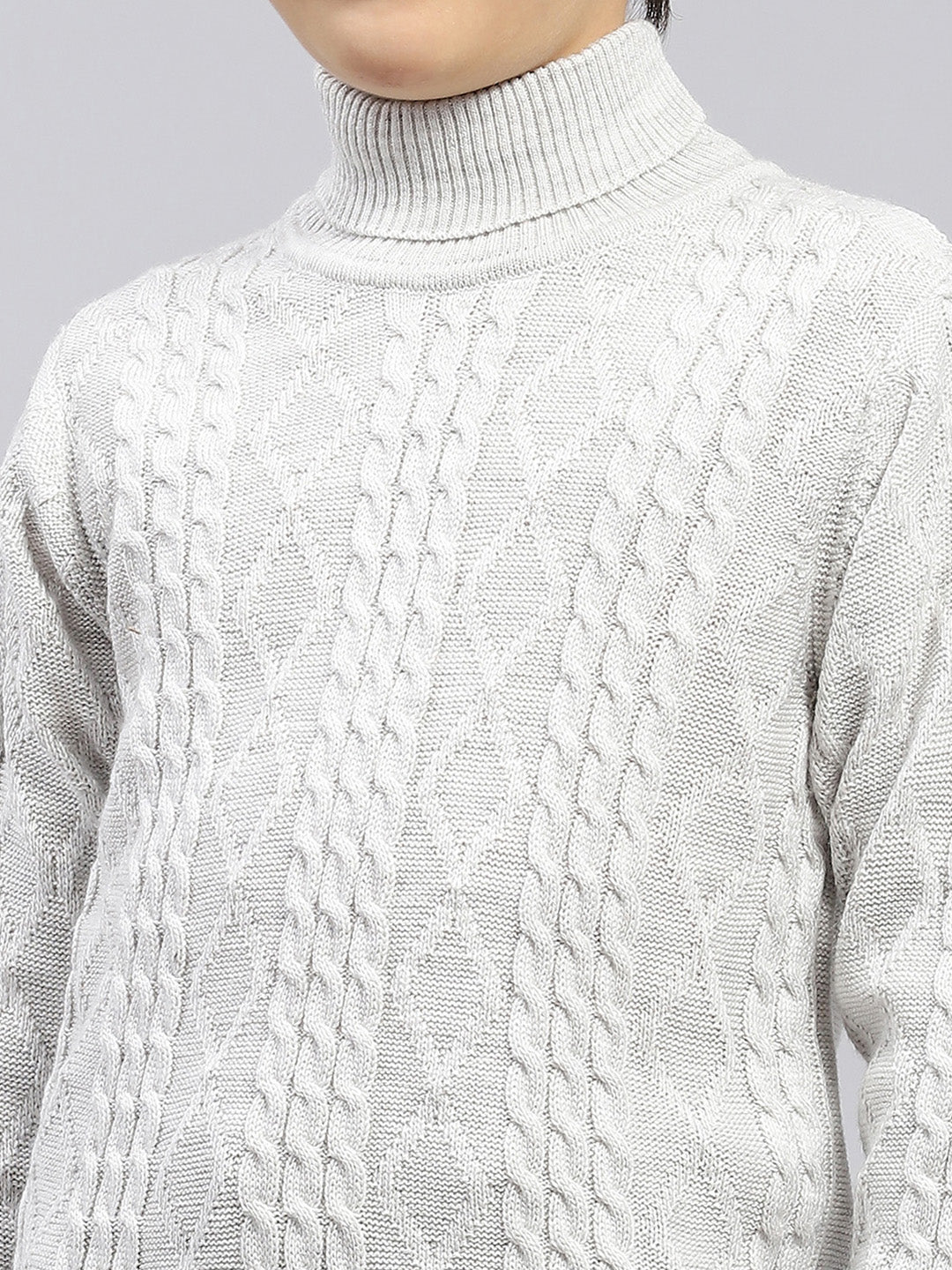 Boys Off White Self Design High Neck Full Sleeve Pullover - Image 6