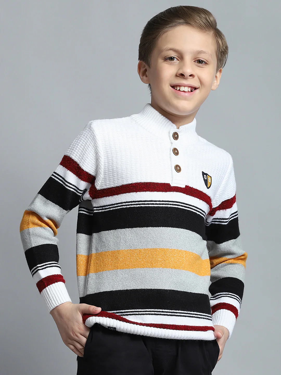 Boys Off White Self Design Mock Neck Full Sleeve Pullover - Image 4