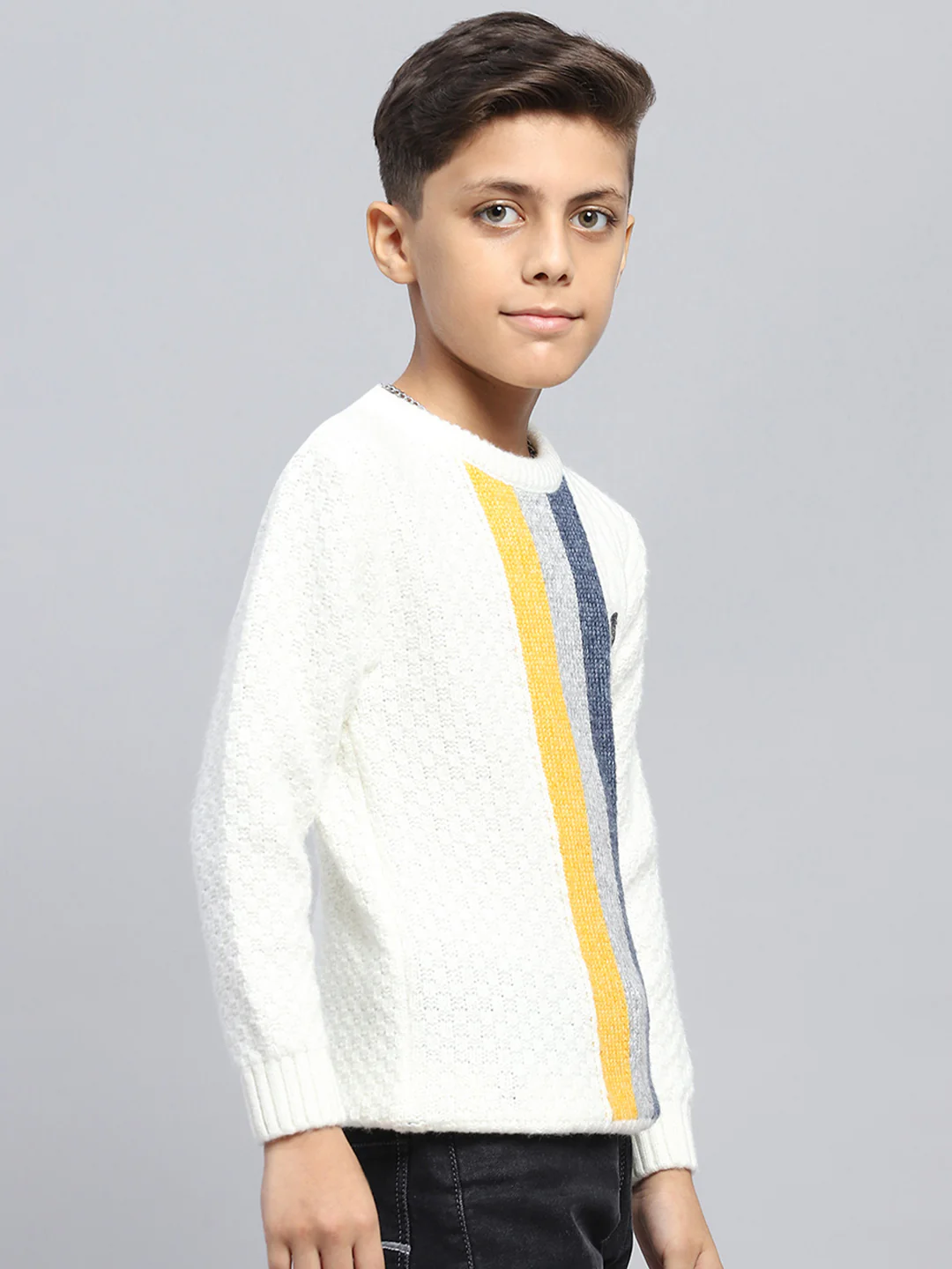 Boys Off White Self Design Round Neck Full Sleeve Pullover - Image 4