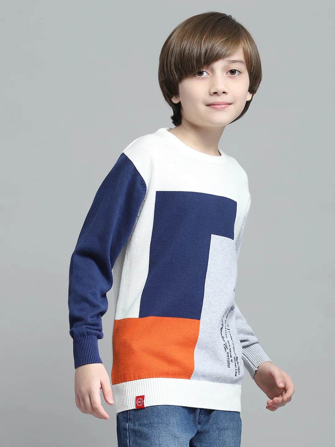 Boys Off White Self Design Round Neck Full Sleeve Pullover - Image 4