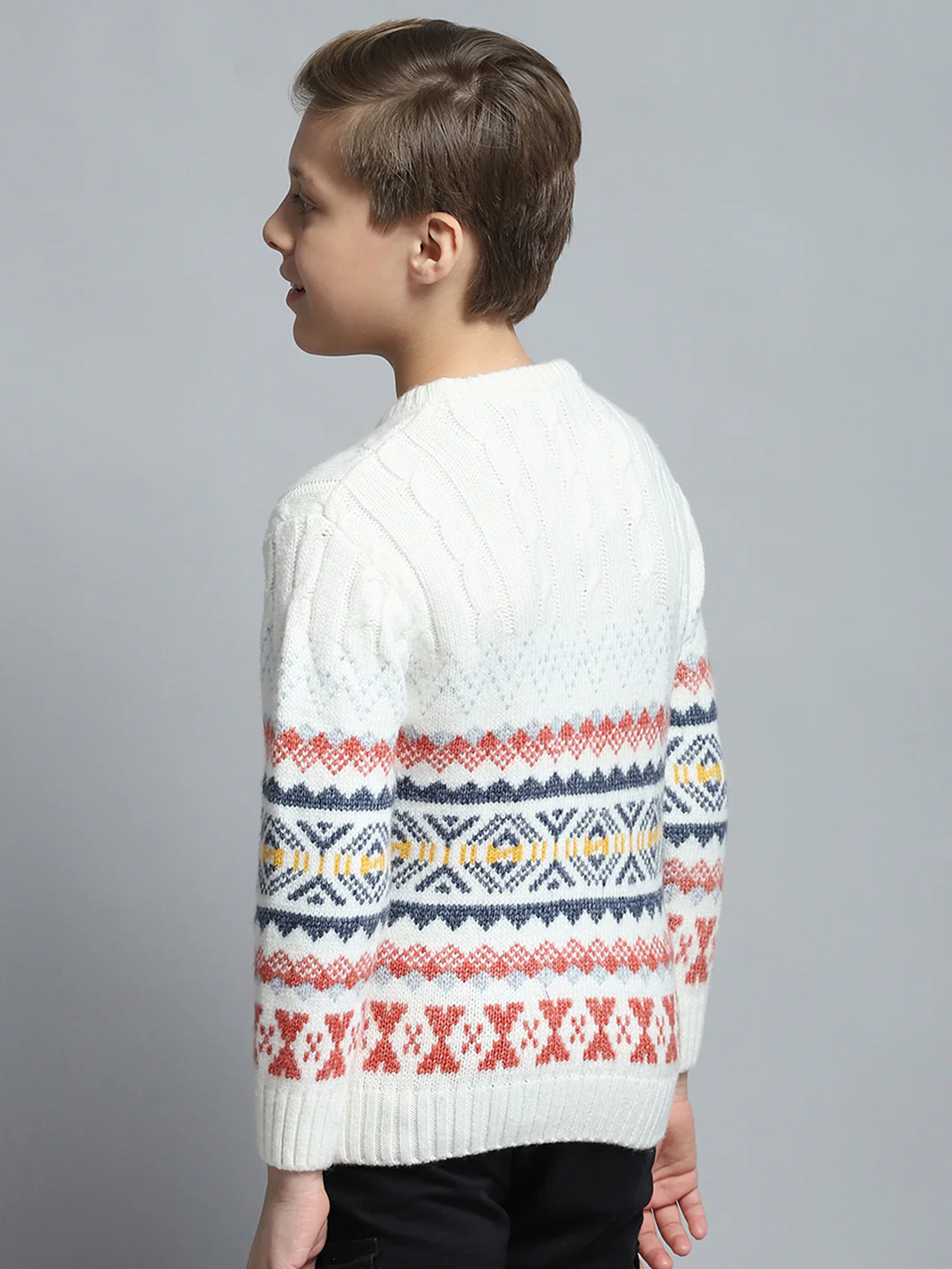 Boys Off White Self Design Round Neck Full Sleeve Pullover - Image 5