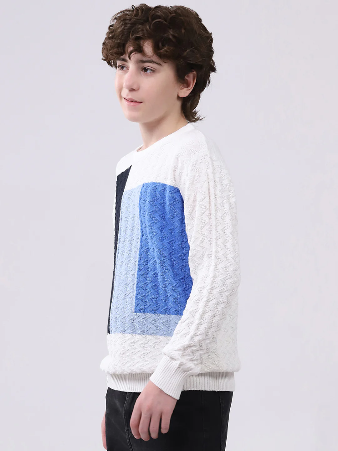 Boys Off White Self Design Round Neck Full Sleeve Pullover - Image 3
