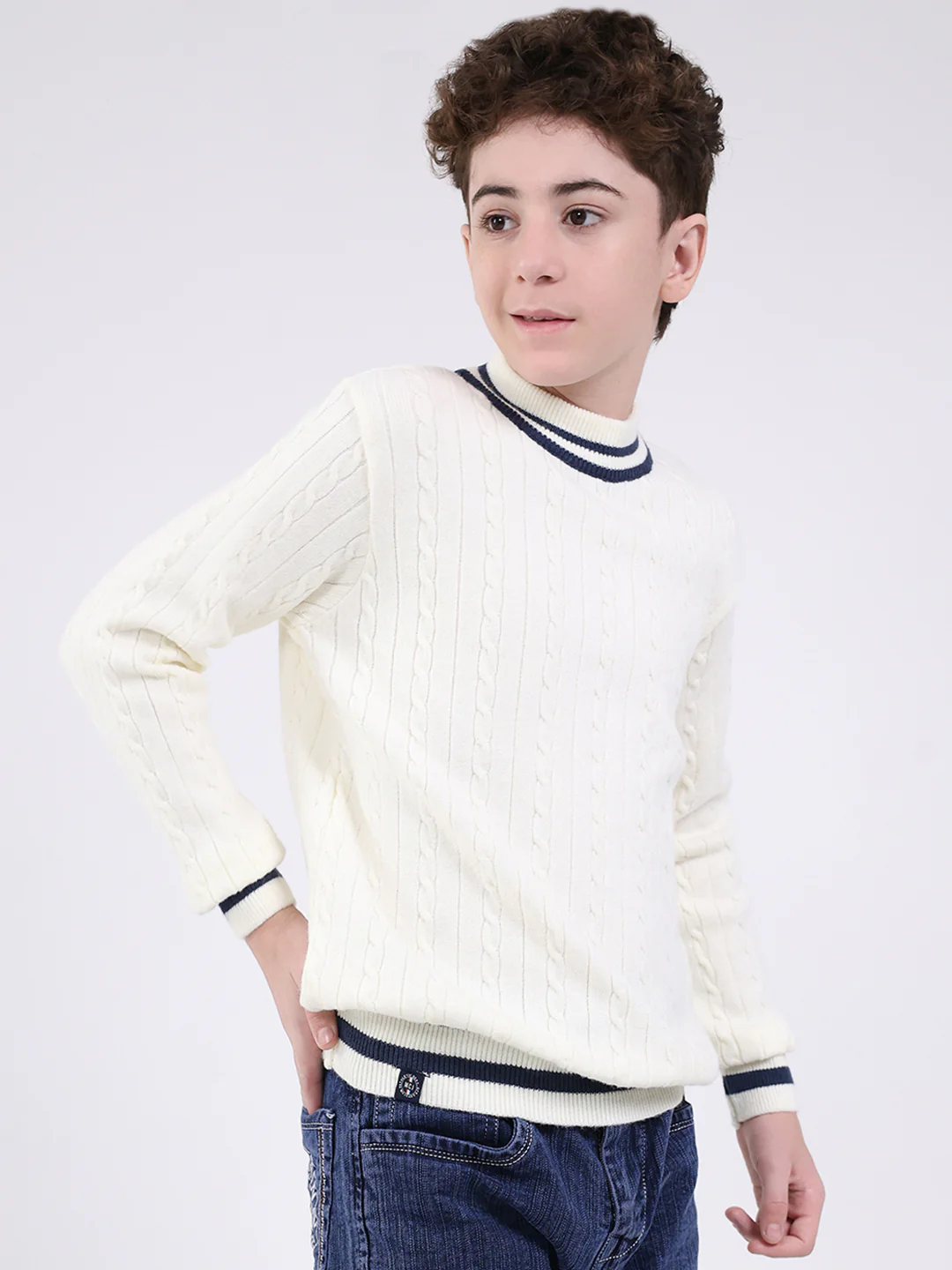 Boys Off White Self Design Round Neck Full Sleeve Pullover - Image 4