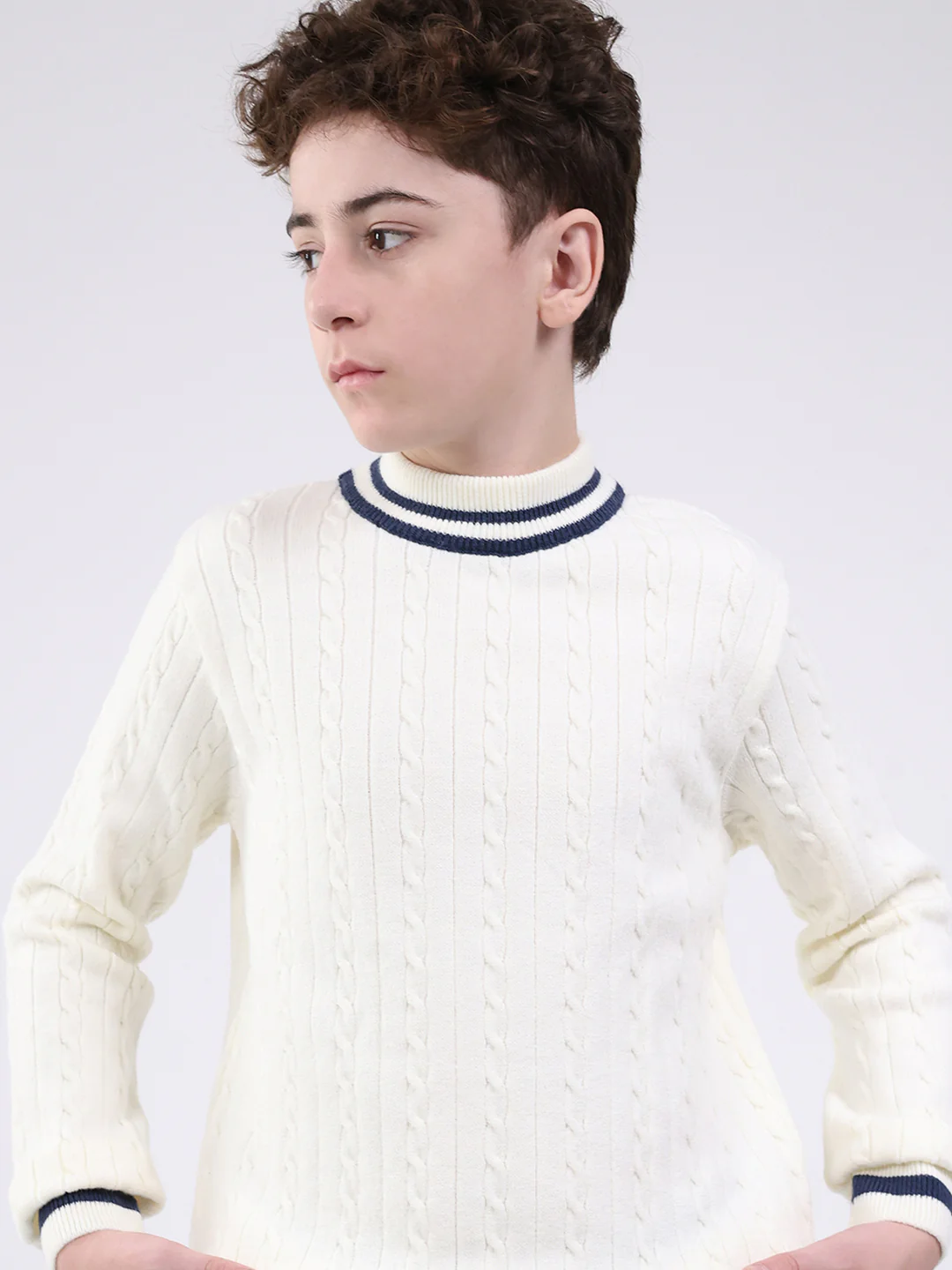 Boys Off White Self Design Round Neck Full Sleeve Pullover - Image 7