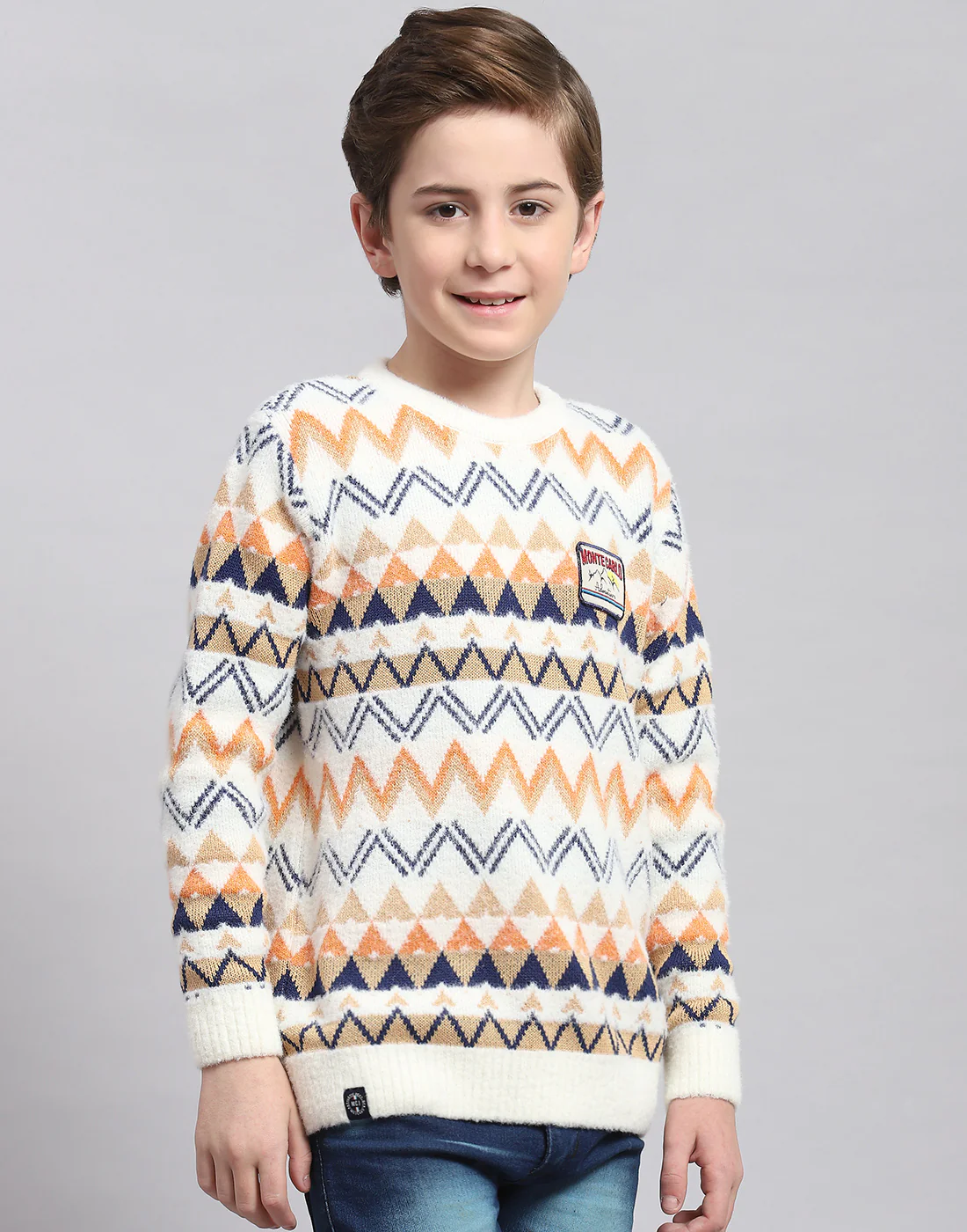 Boys Off White Self Design Round Neck Full Sleeve Sweater - Image 4