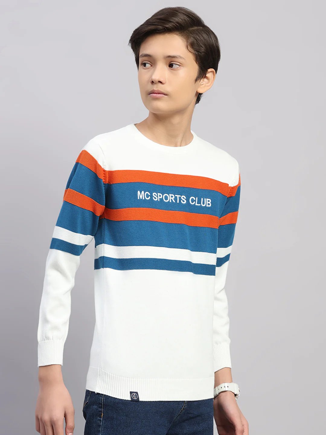 Boys Off White Stripe Round Neck Full Sleeve Pullover - Image 4