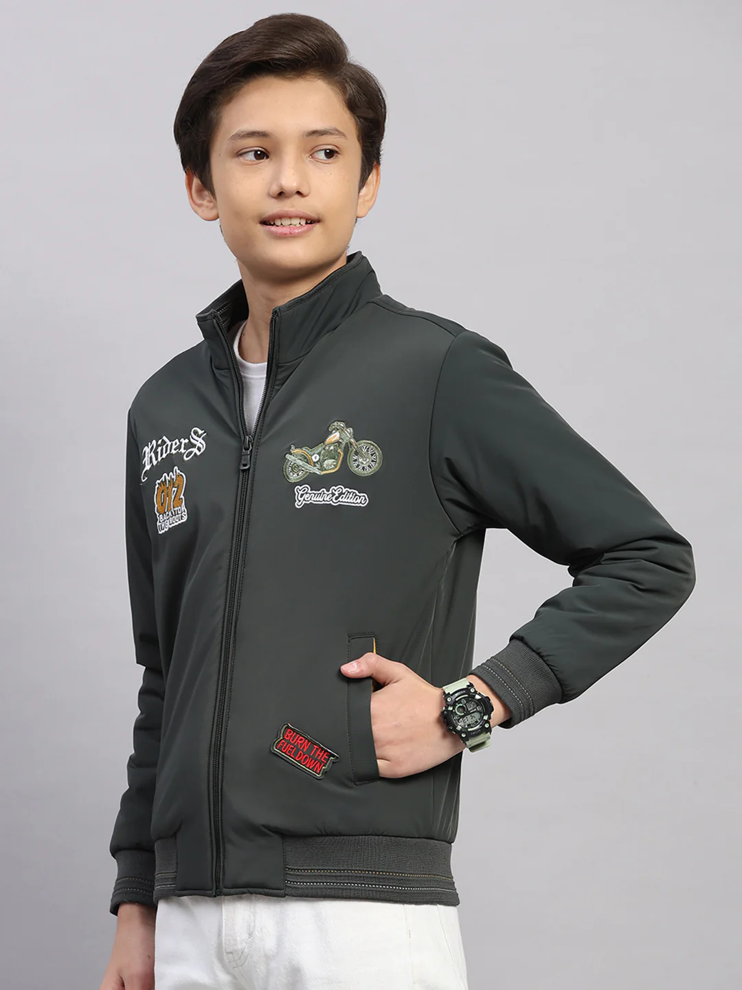 Boys Olive Embroidered Collar Full Sleeve Jacket - Image 3