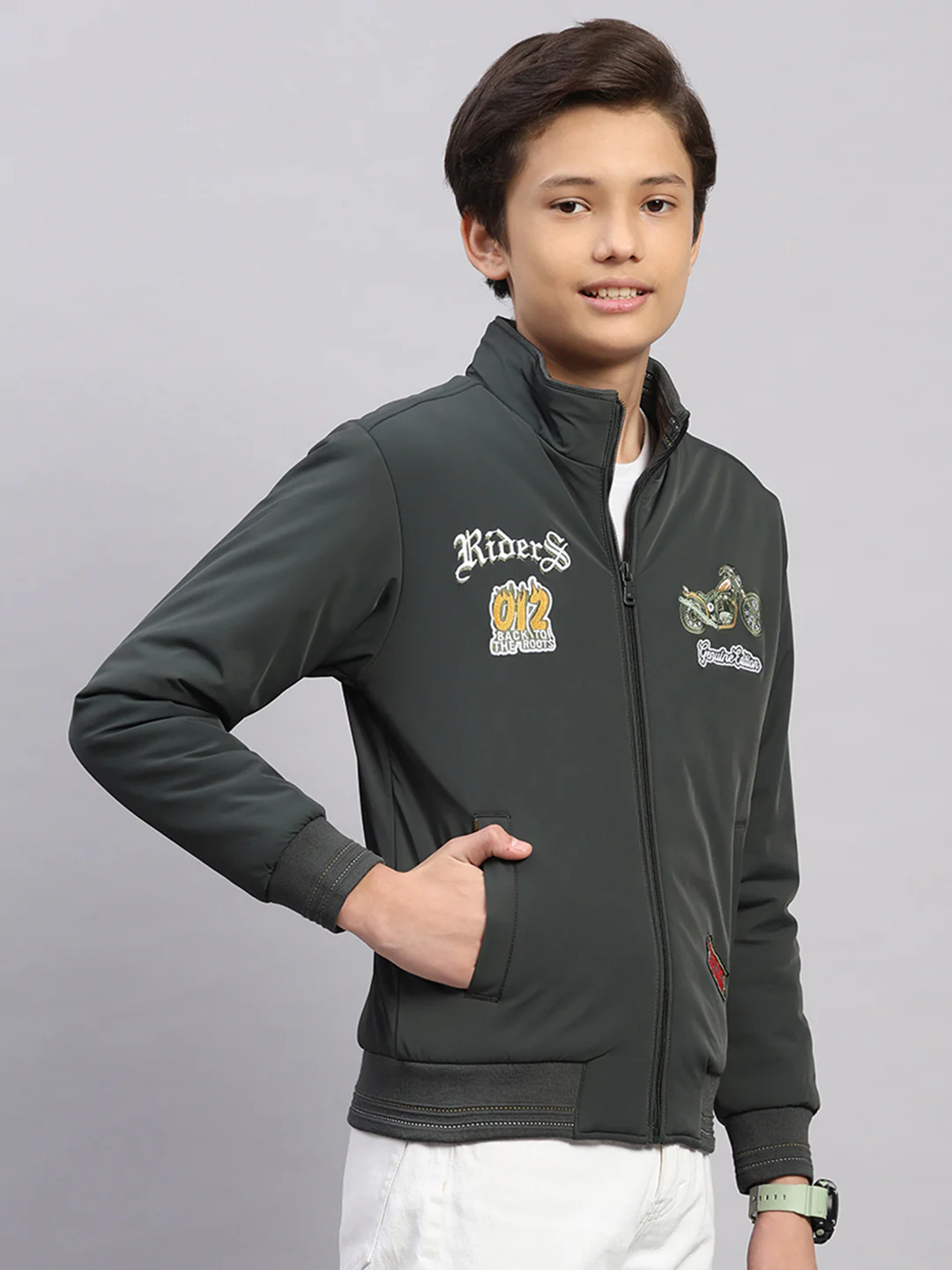 Boys Olive Embroidered Collar Full Sleeve Jacket - Image 4