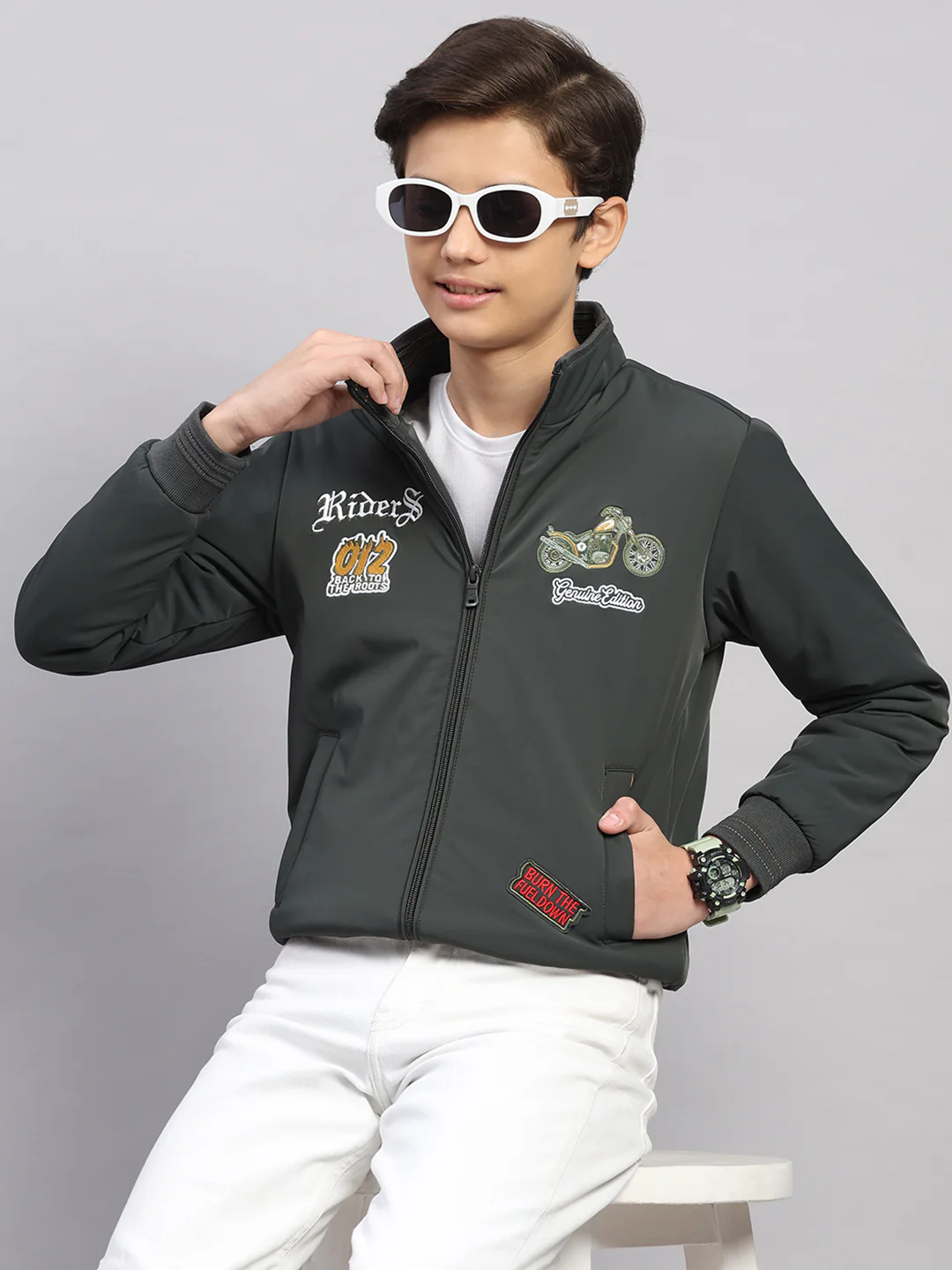 Boys Olive Embroidered Collar Full Sleeve Jacket - Image 6