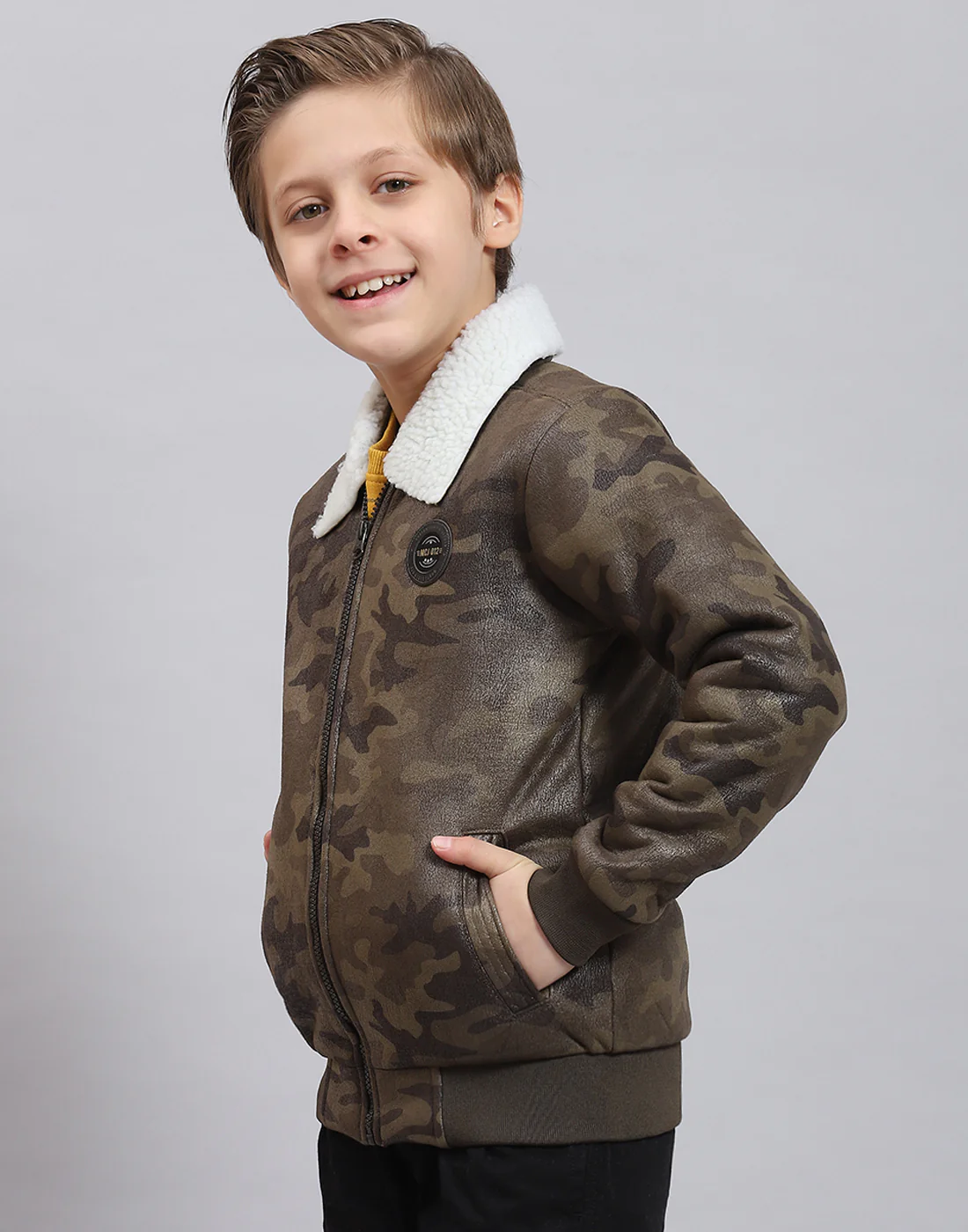 Boys Olive Printed Collar Full Sleeve Boys Jacket - Image 3