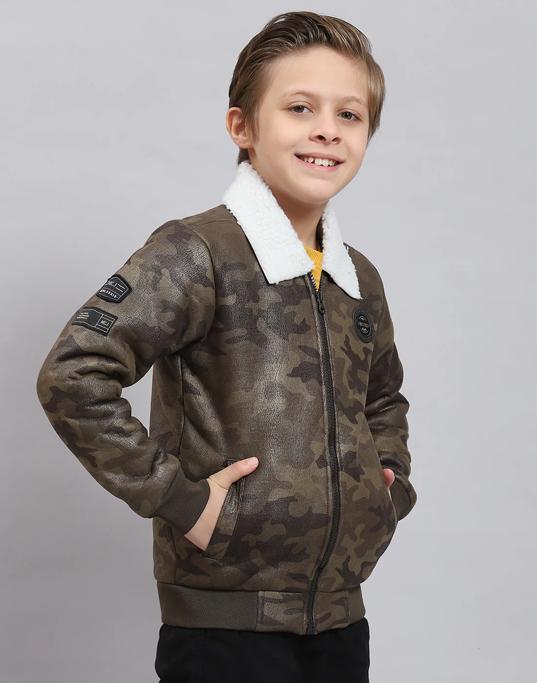 Boys Olive Printed Collar Full Sleeve Boys Jacket - Image 4