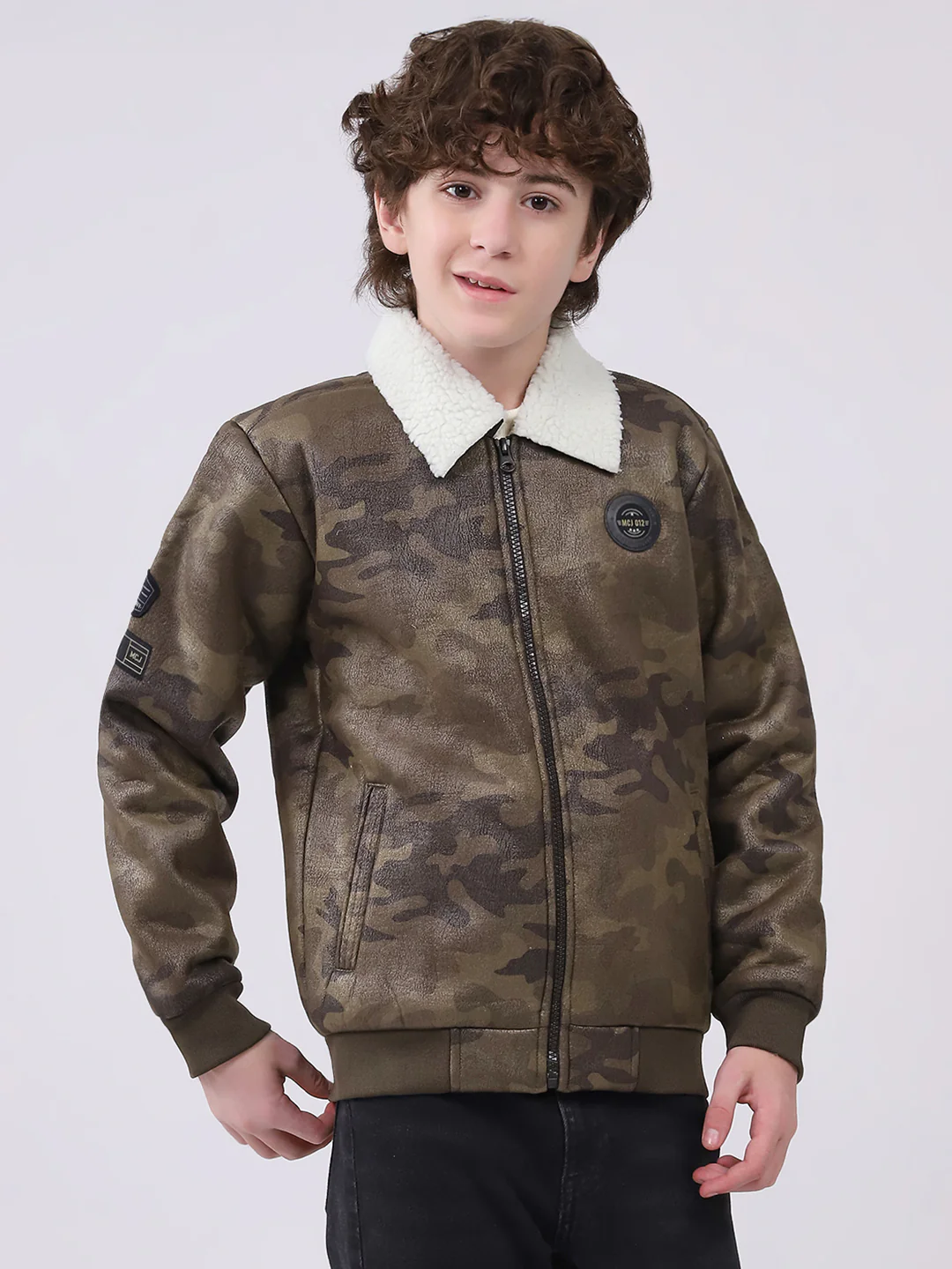 Boys Olive Printed Collar Full Sleeve Boys Jacket - Image 4