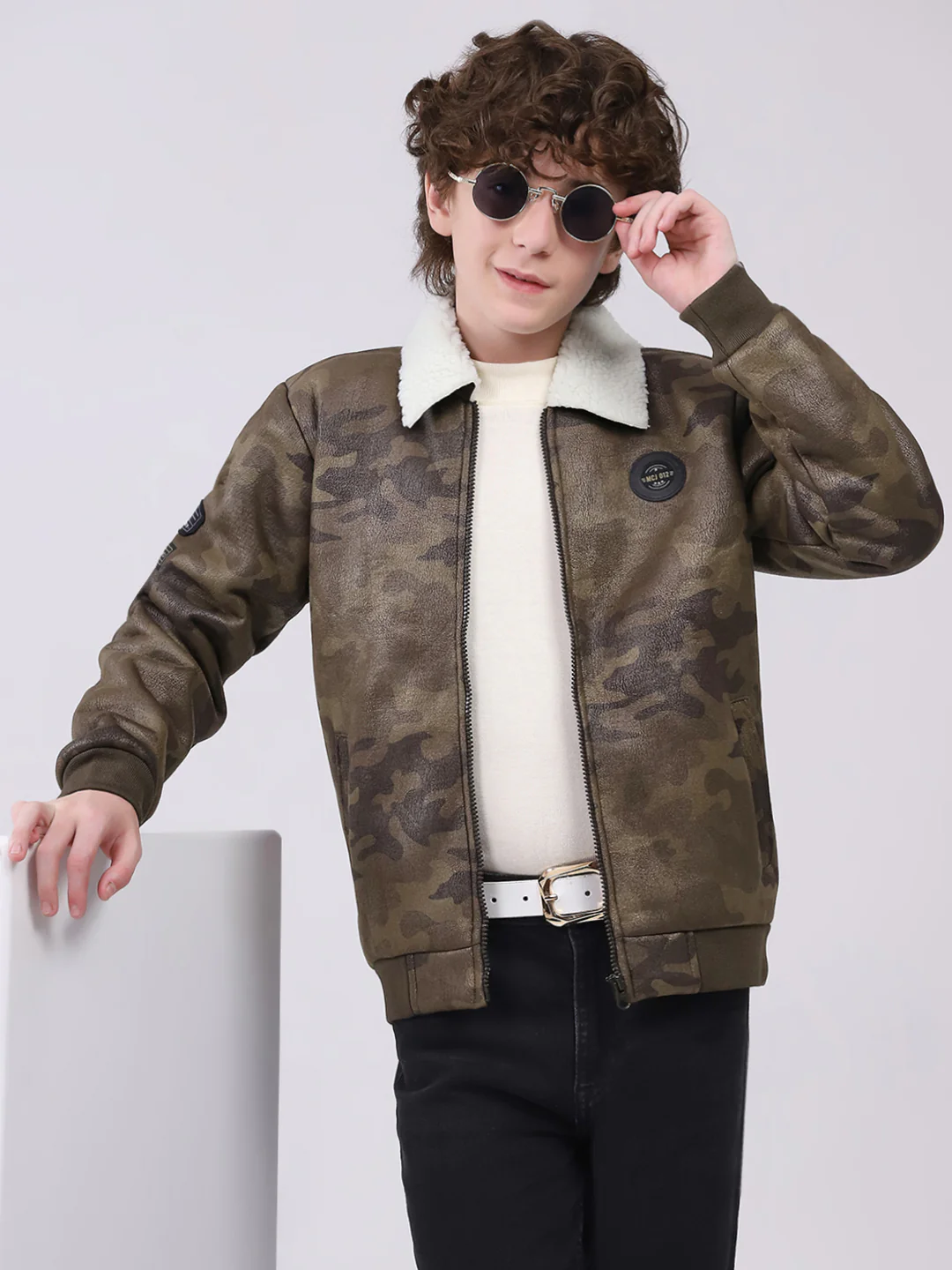 Boys Olive Printed Collar Full Sleeve Boys Jacket - Image 6