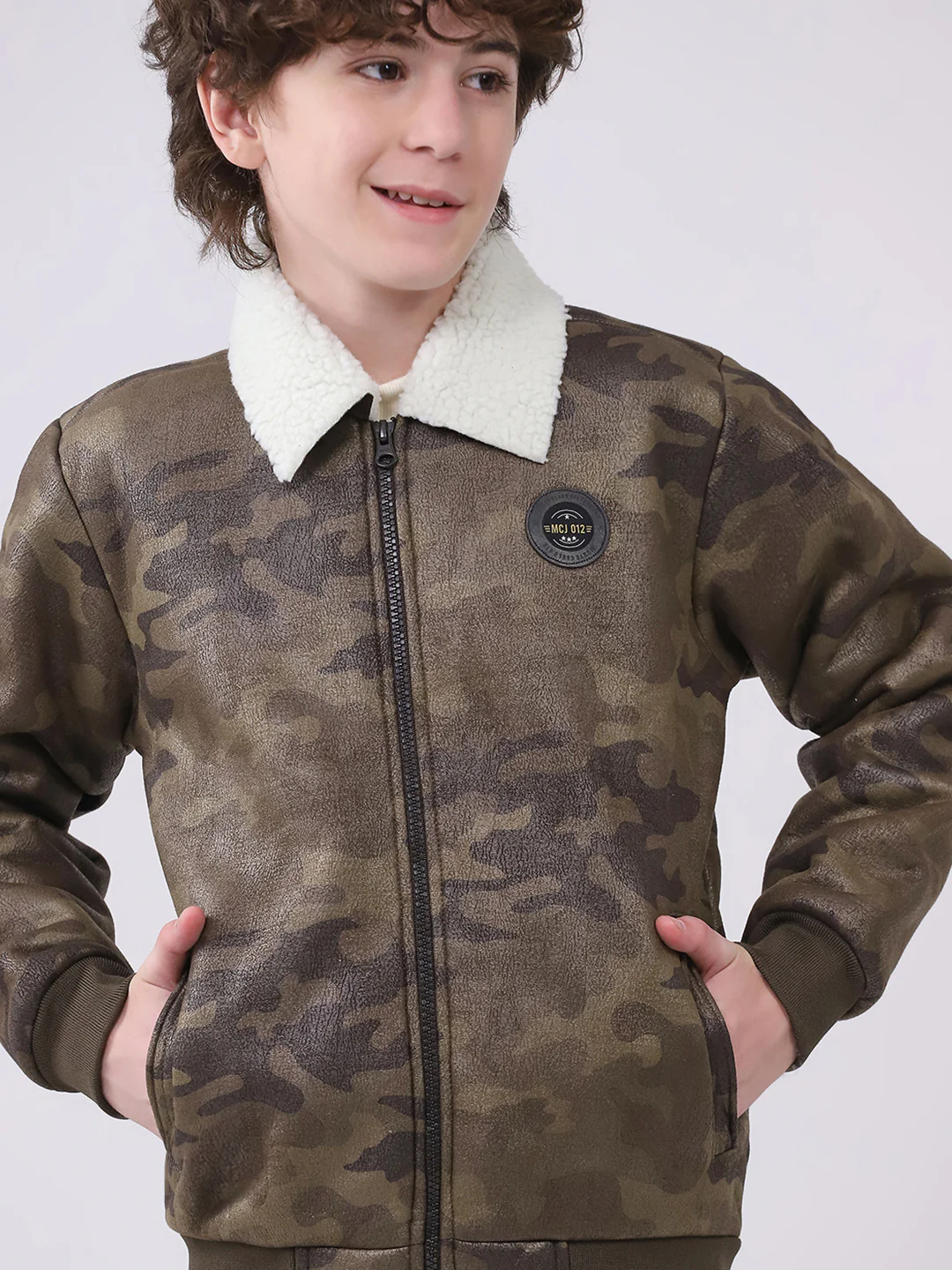 Boys Olive Printed Collar Full Sleeve Boys Jacket - Image 7
