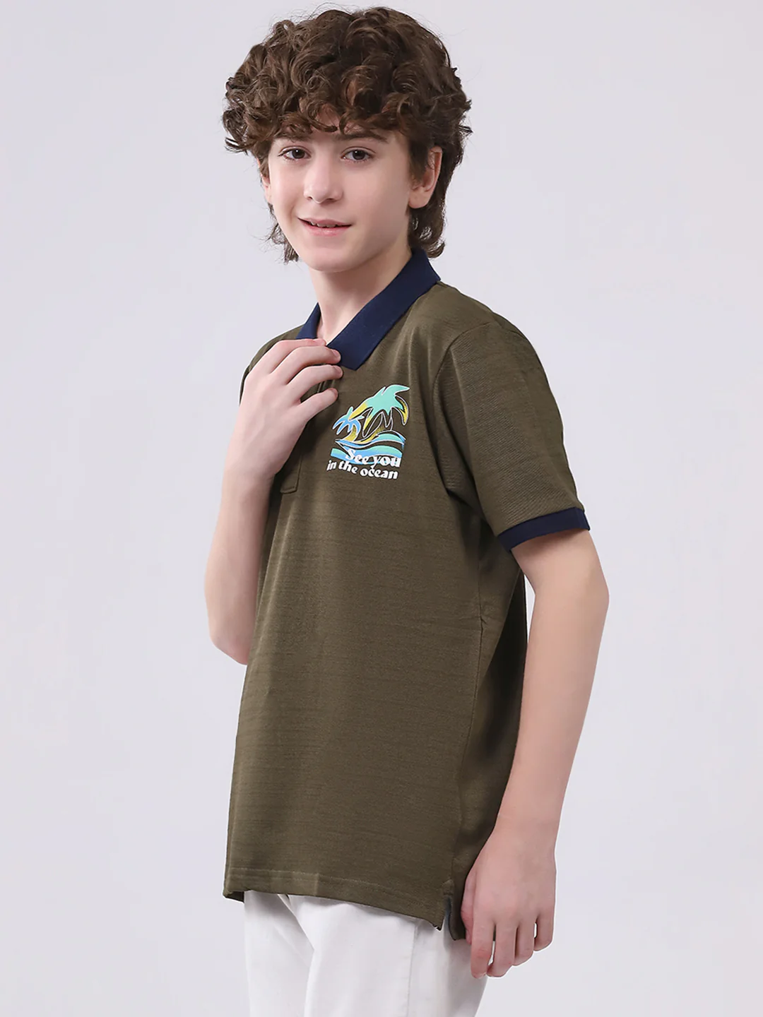 Boys Olive Printed Collar Half Sleeve T-Shirt - Image 3
