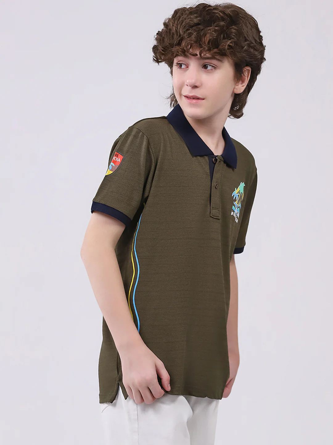 Boys Olive Printed Collar Half Sleeve T-Shirt - Image 4