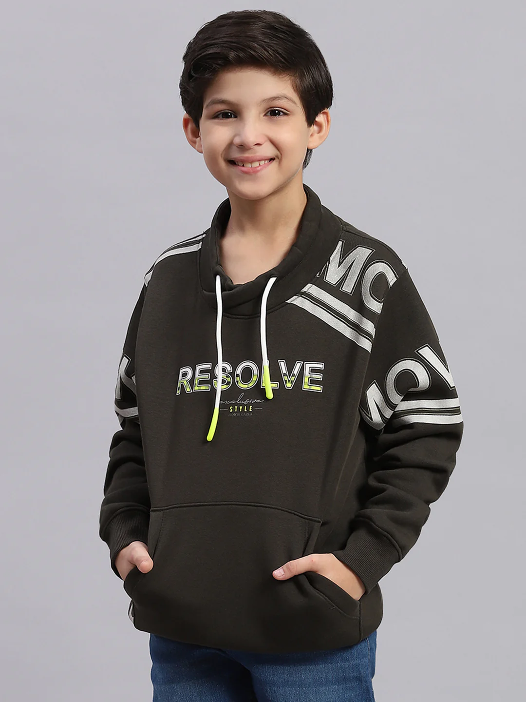 Boys Olive Printed F Neck Full Sleeve Sweatshirt - Image 3