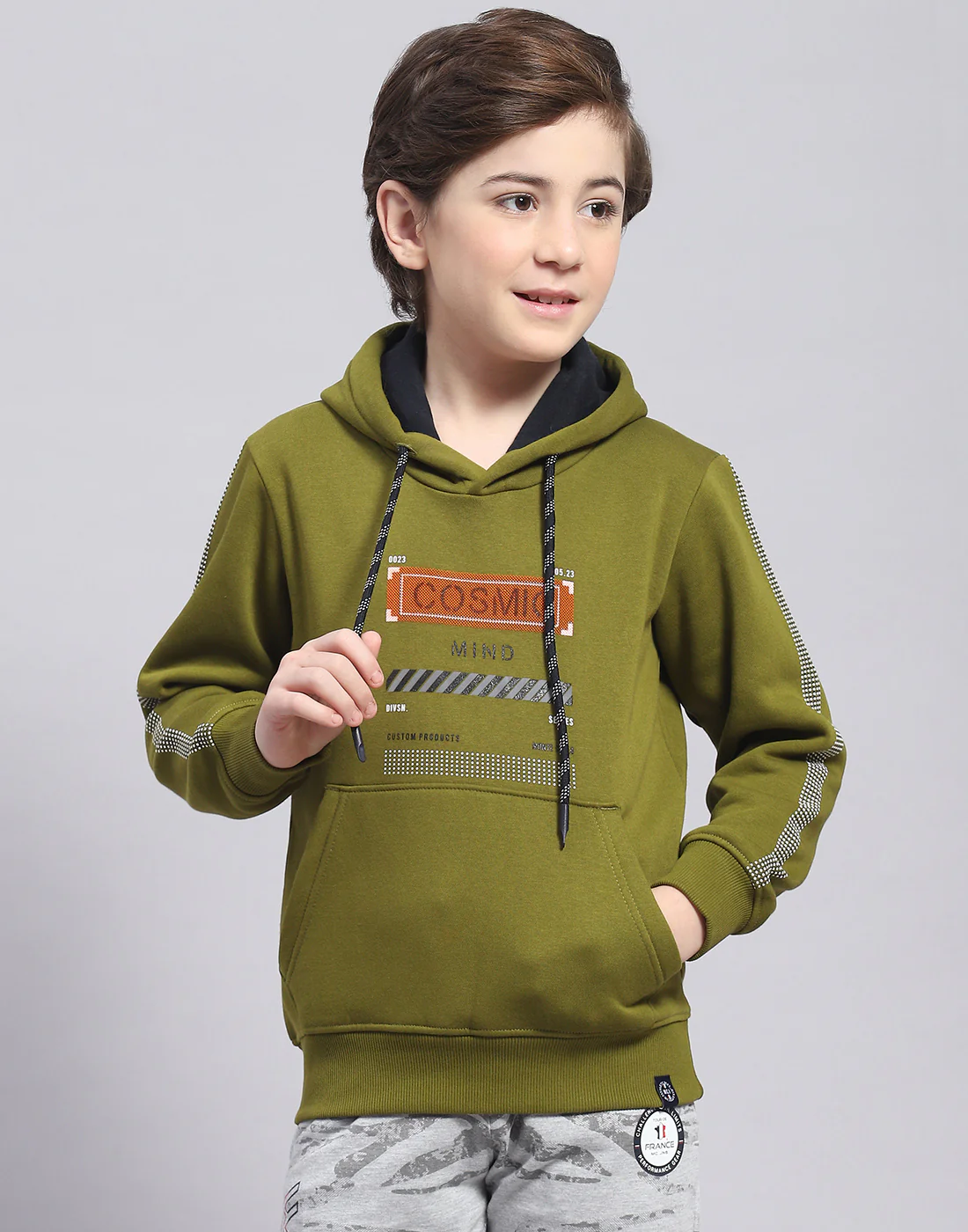 Boys Olive Printed Hooded Full Sleeve Sweatshirt - Image 2