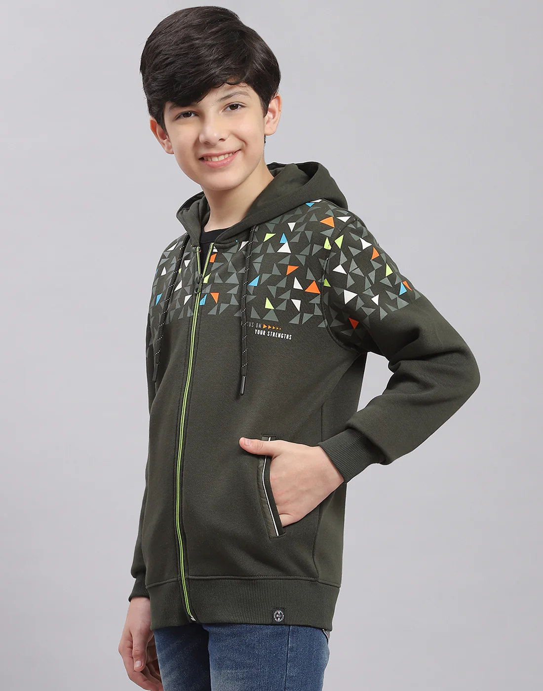 Boys Olive Printed Hooded Full Sleeve Sweatshirt - Image 3