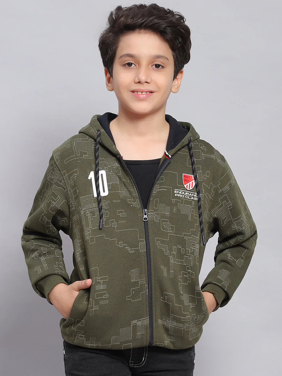 Boys Olive Printed Hooded Full Sleeve Sweatshirt - Image 2