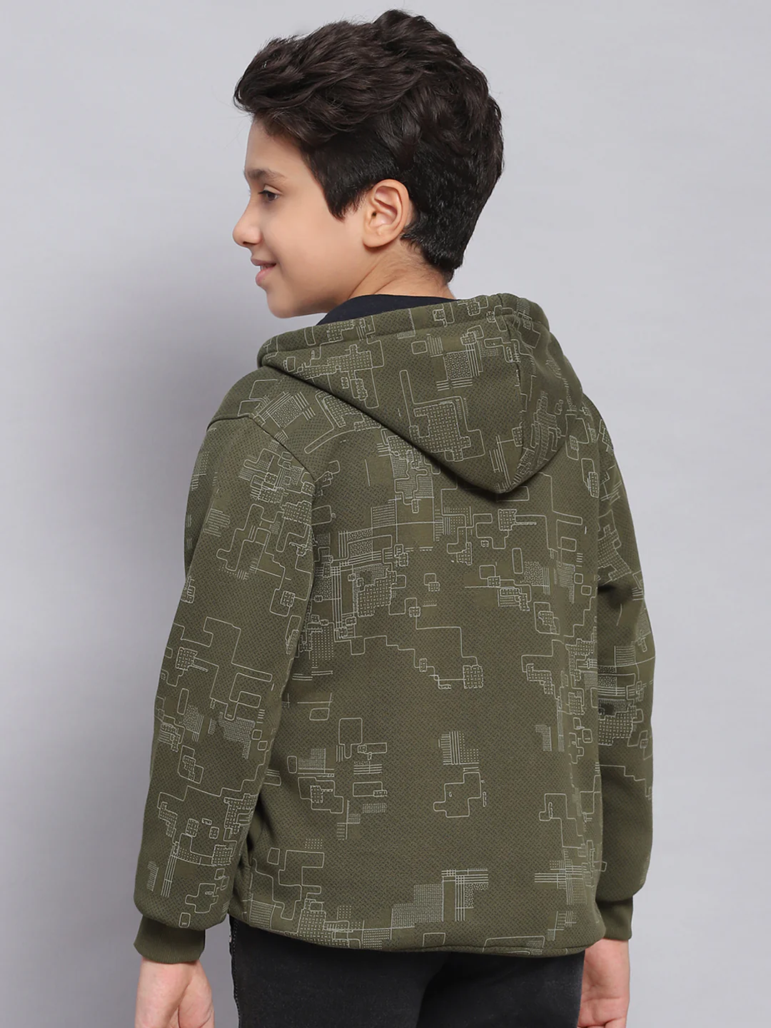 Boys Olive Printed Hooded Full Sleeve Sweatshirt - Image 5