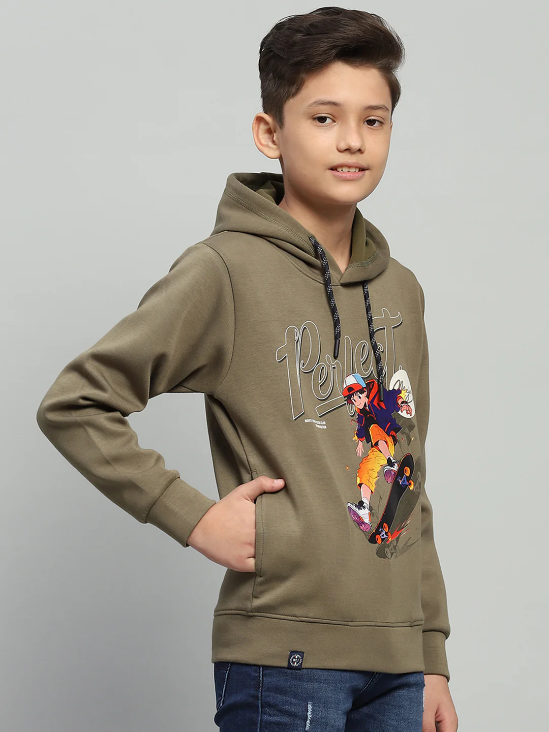 Boys Olive Printed Hooded Full Sleeve Sweatshirt - Image 4