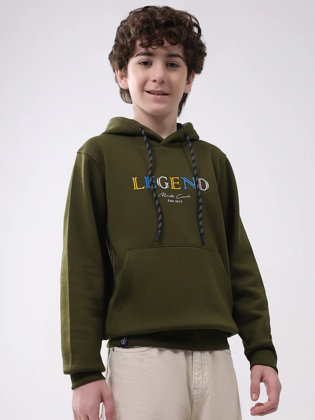 Boys Olive Printed Hooded Full Sleeve Sweatshirt - Image 4