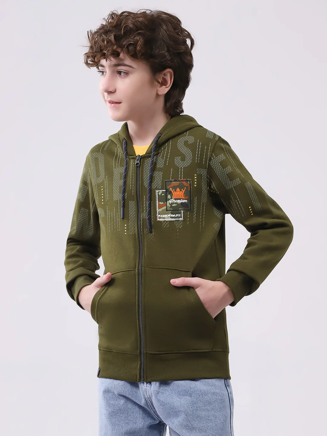 Boys Olive Printed Hooded Full Sleeve Sweatshirt - Image 3