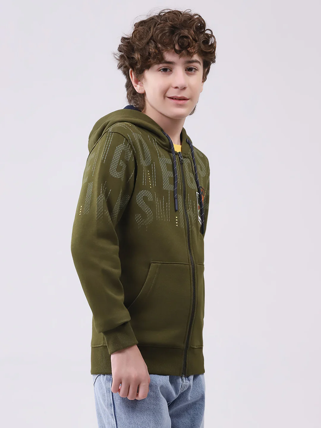 Boys Olive Printed Hooded Full Sleeve Sweatshirt - Image 4