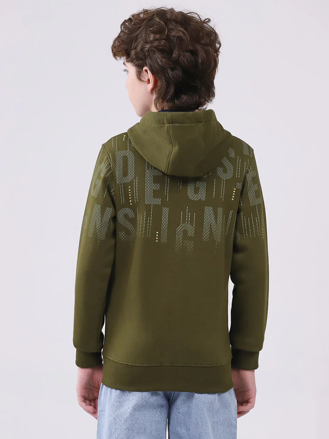 Boys Olive Printed Hooded Full Sleeve Sweatshirt - Image 5