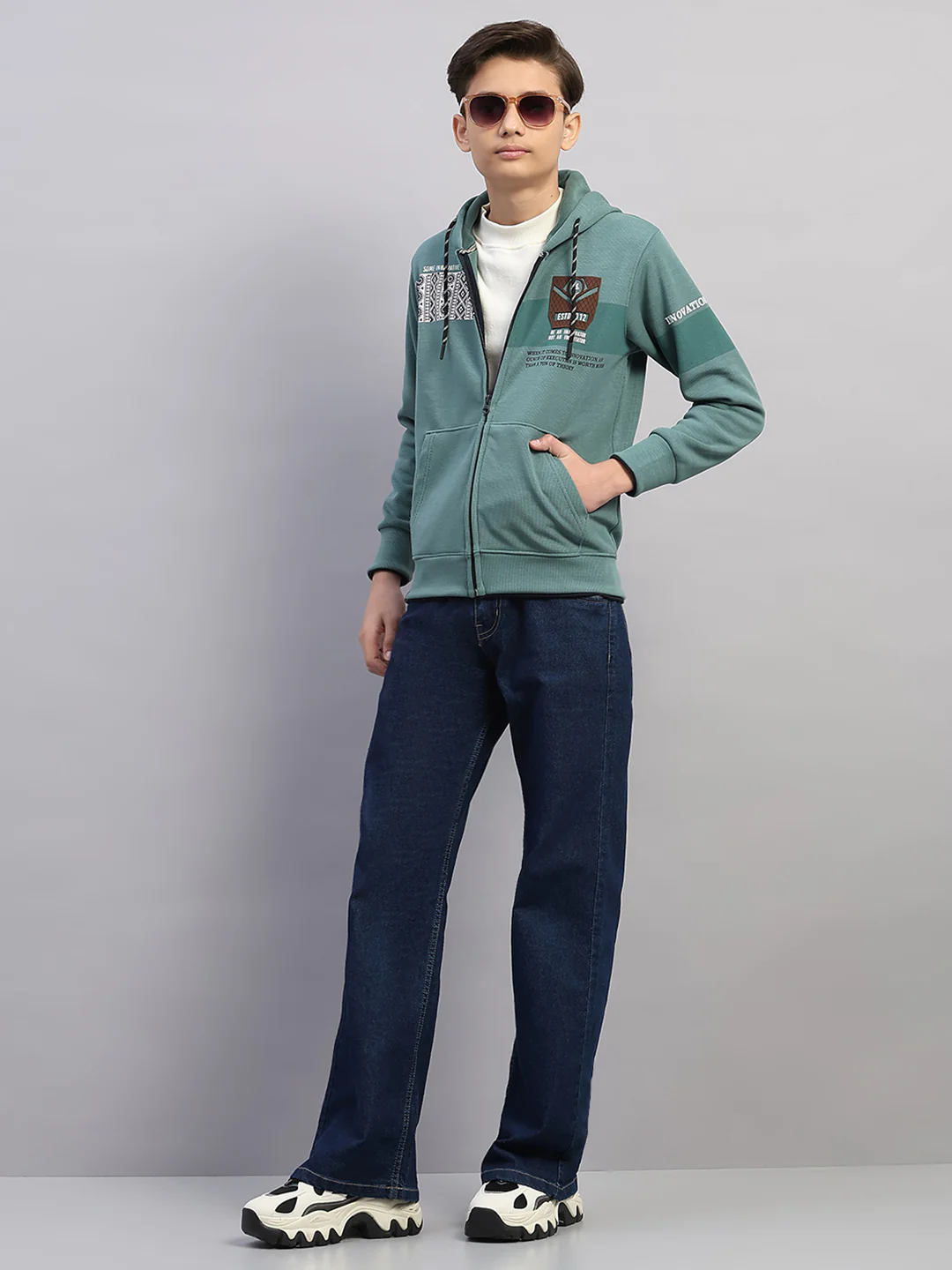 Boys Olive Printed Hooded Full Sleeve Sweatshirt - Image 2