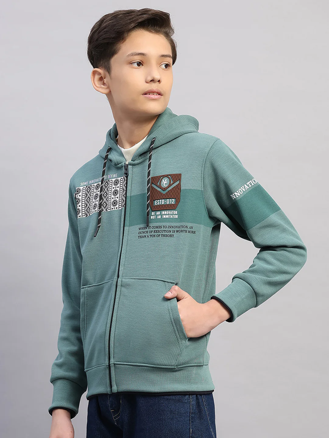 Boys Olive Printed Hooded Full Sleeve Sweatshirt - Image 3