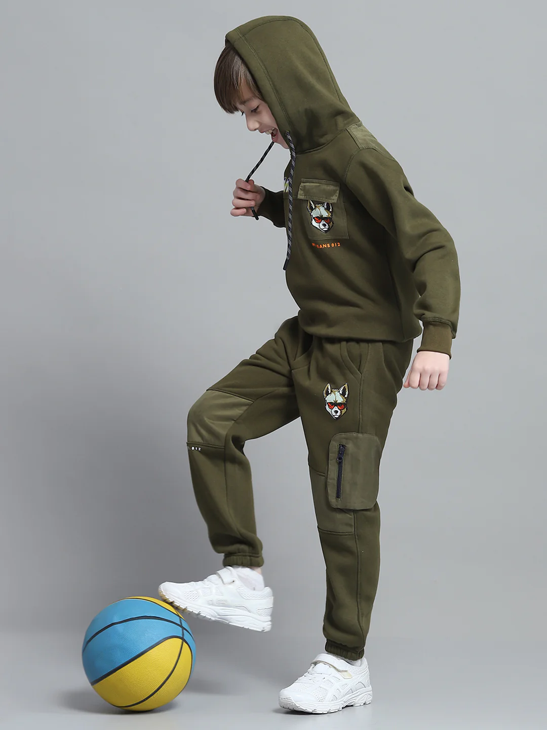 Boys Olive Printed Hooded Full Sleeve Tracksuit - Image 2