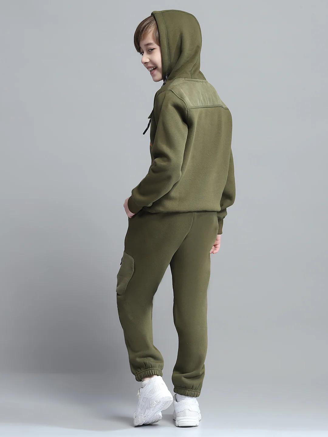Boys Olive Printed Hooded Full Sleeve Tracksuit - Image 5