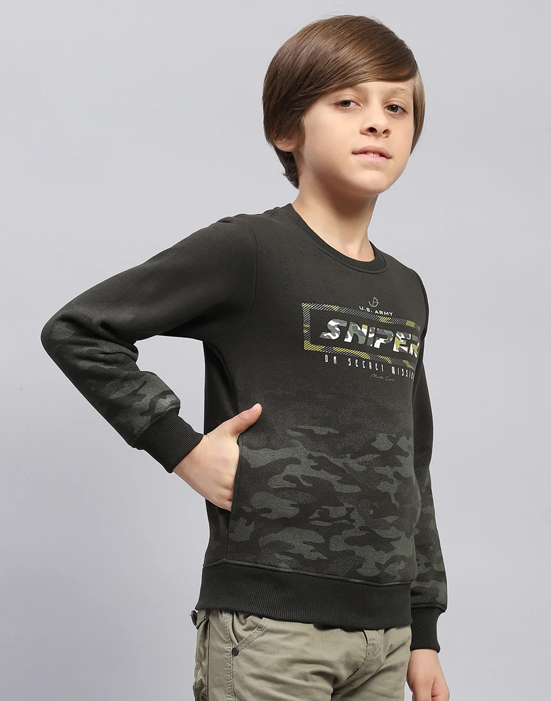 Boys Olive Printed Round Neck Full Sleeve Sweatshirt - Image 4