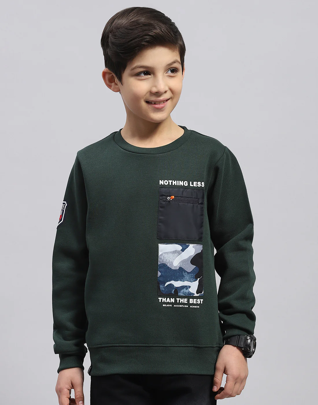 Boys Olive Printed Round Neck Full Sleeve Sweatshirt - Image 2