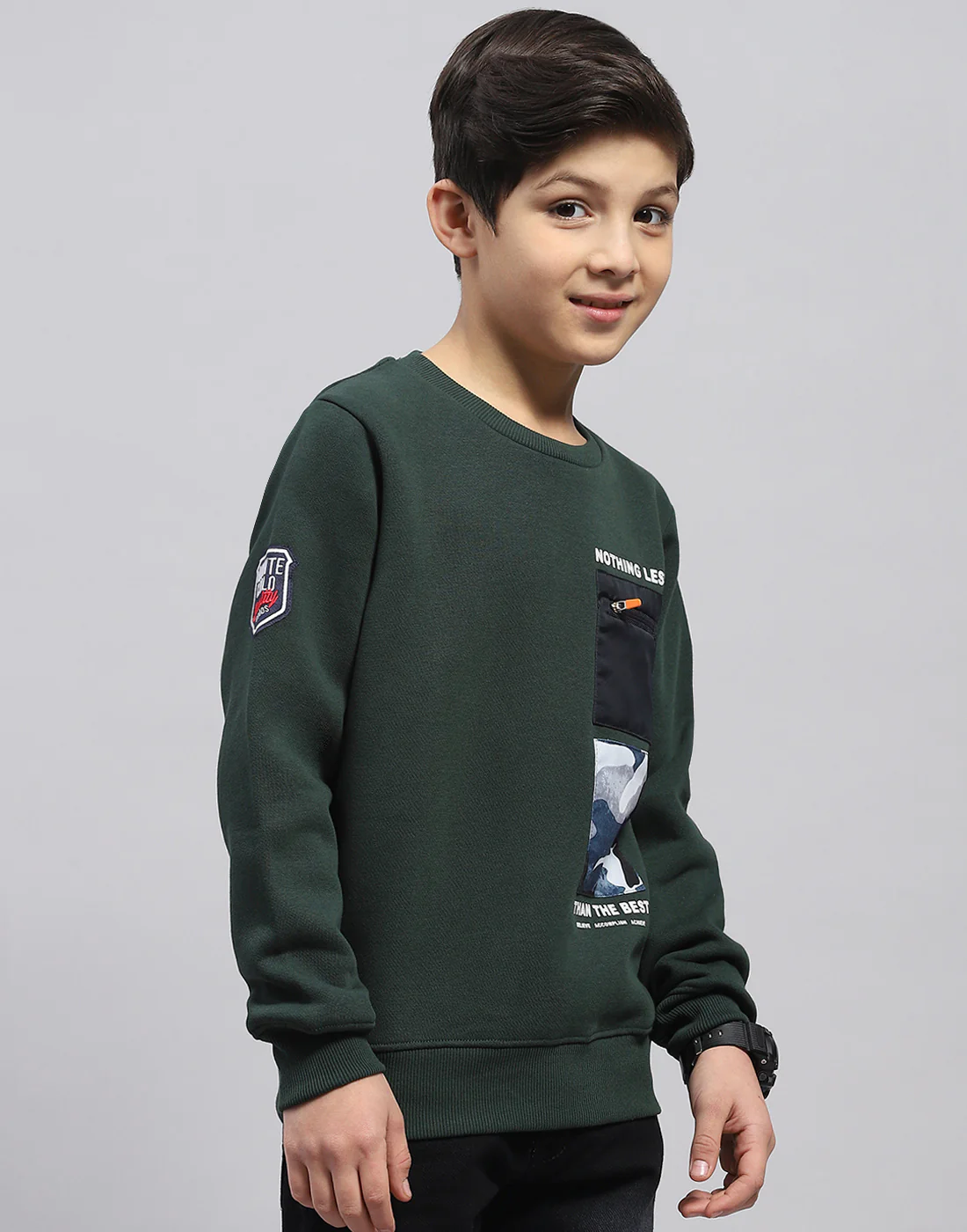 Boys Olive Printed Round Neck Full Sleeve Sweatshirt - Image 4