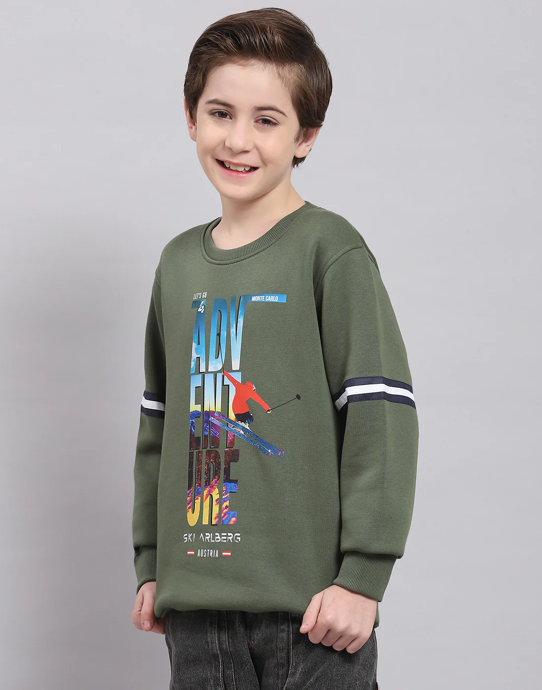 Boys Olive Printed Round Neck Full Sleeve Sweatshirt - Image 3