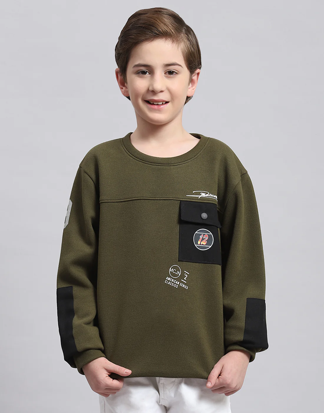 Boys Olive Printed Round Neck Full Sleeve Sweatshirt - Image 2