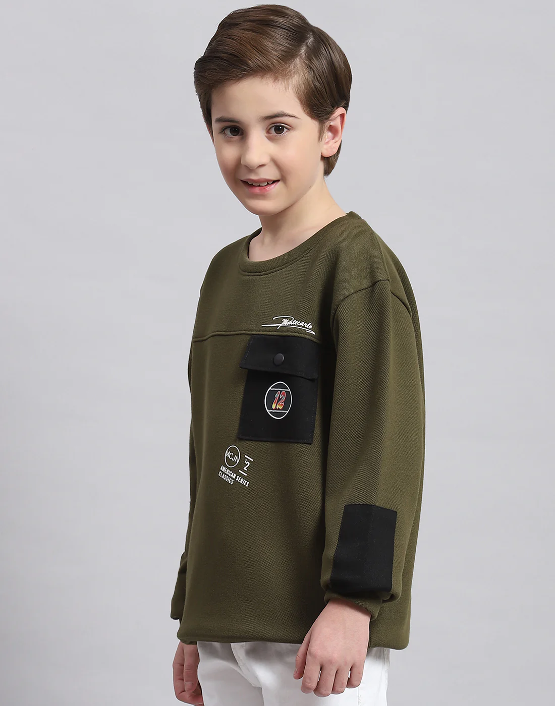 Boys Olive Printed Round Neck Full Sleeve Sweatshirt - Image 3